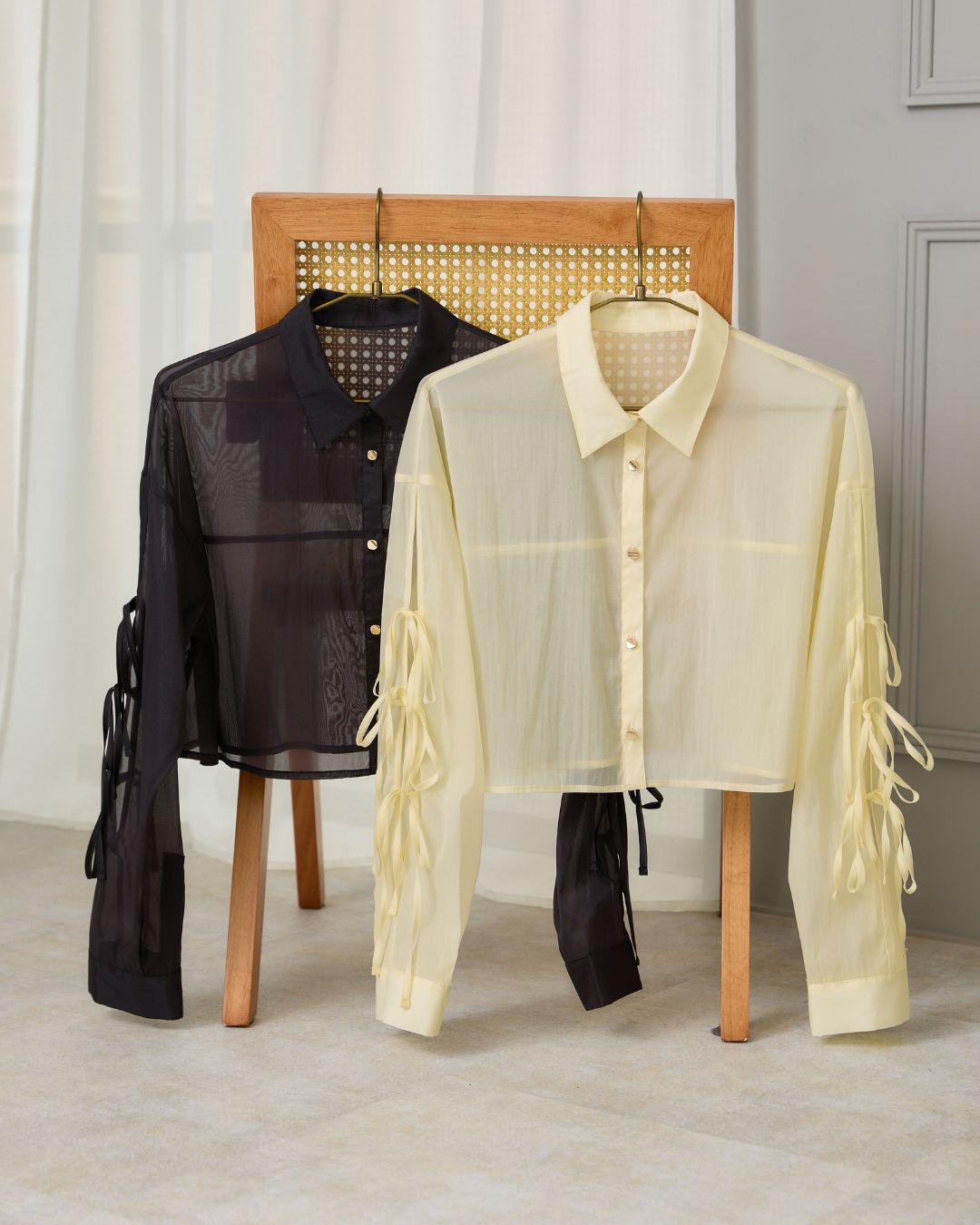 Ribbon Sleeve Sheer Shirt