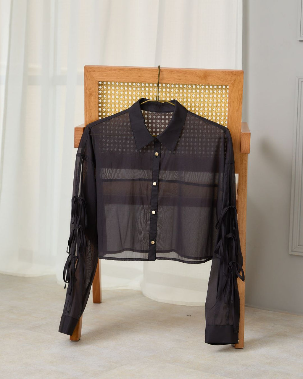 Ribbon Sleeve Sheer Shirt