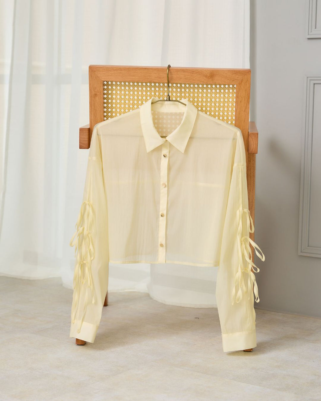 Ribbon Sleeve Sheer Shirt