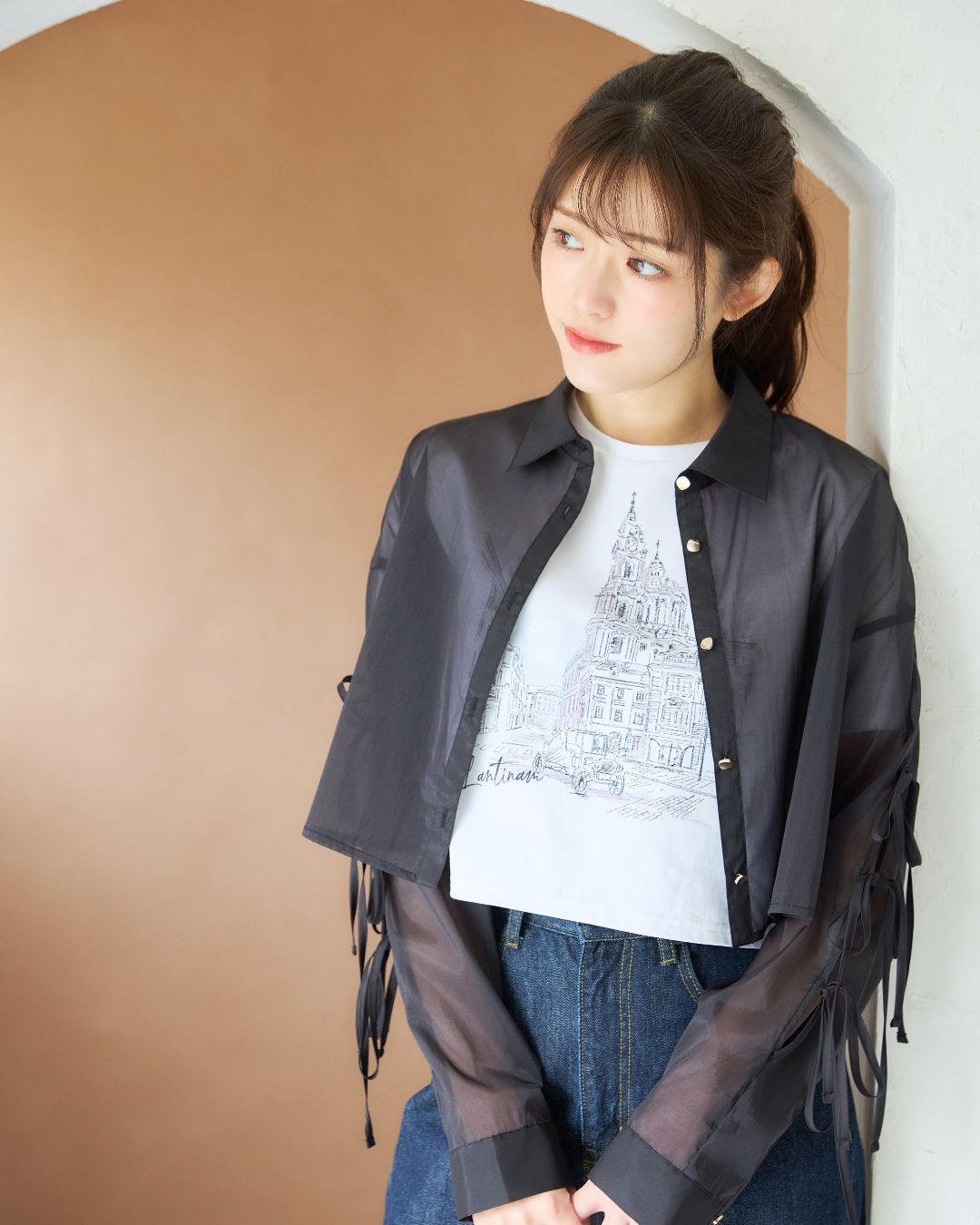 Ribbon Sleeve Sheer Shirt