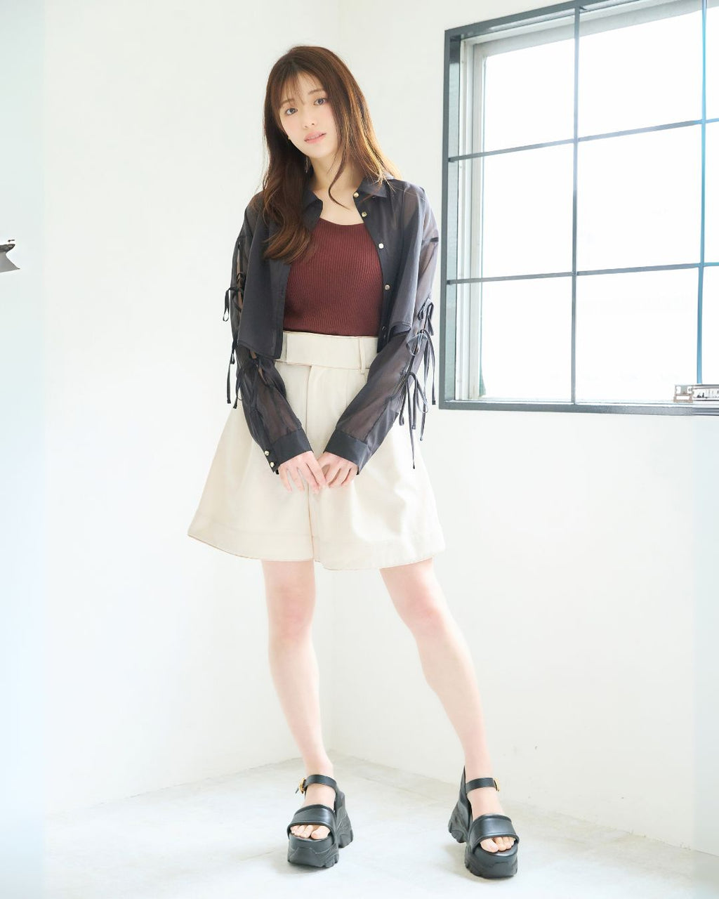 Ribbon Sleeve Sheer Shirt