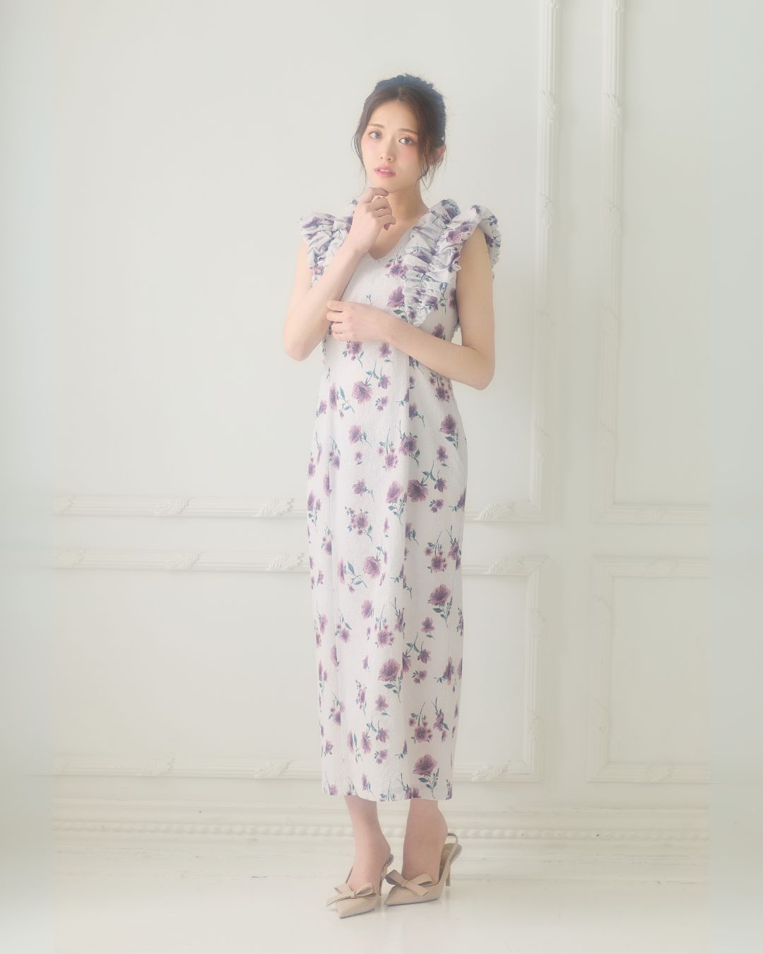【骨格ストレート】Shoulder Frill I-line Dress